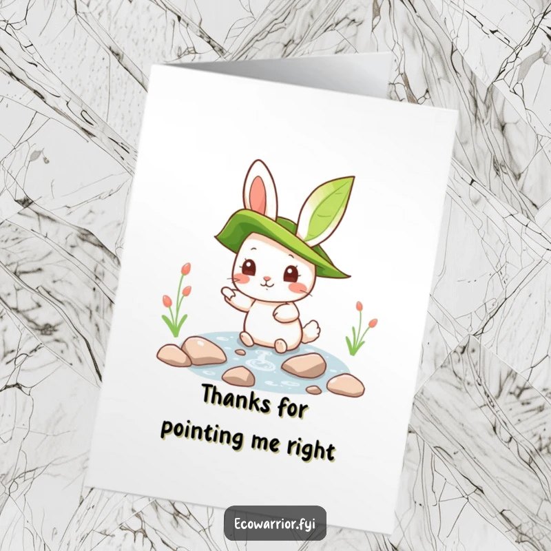 Funny Free Printable Thank You Card of a curious rabbit in a leaf hat pointing at a clean stream, expressing thanks for nature.