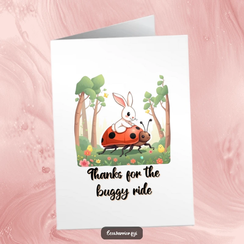 Funny Free Printable Thank You Card: Rabbit riding a giant ladybug through a forest, a charming thank you message.
