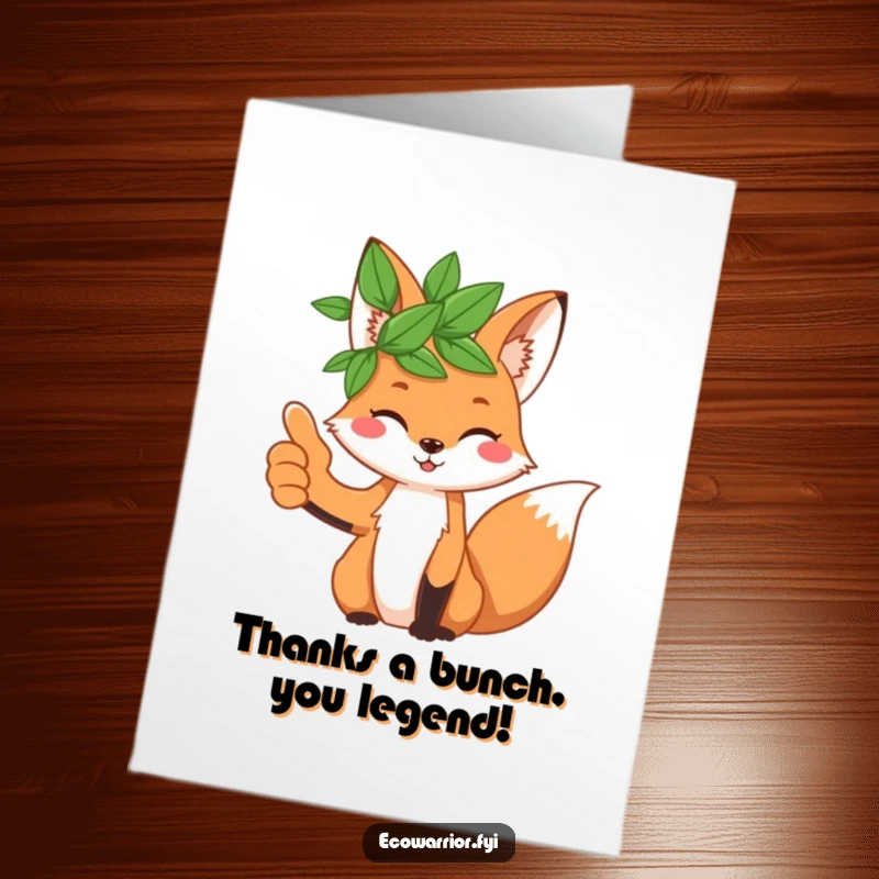 Funny Free Printable Thank You Card: A charming fox sporting a leaf crown offers a cheerful thumbs up in thanks.