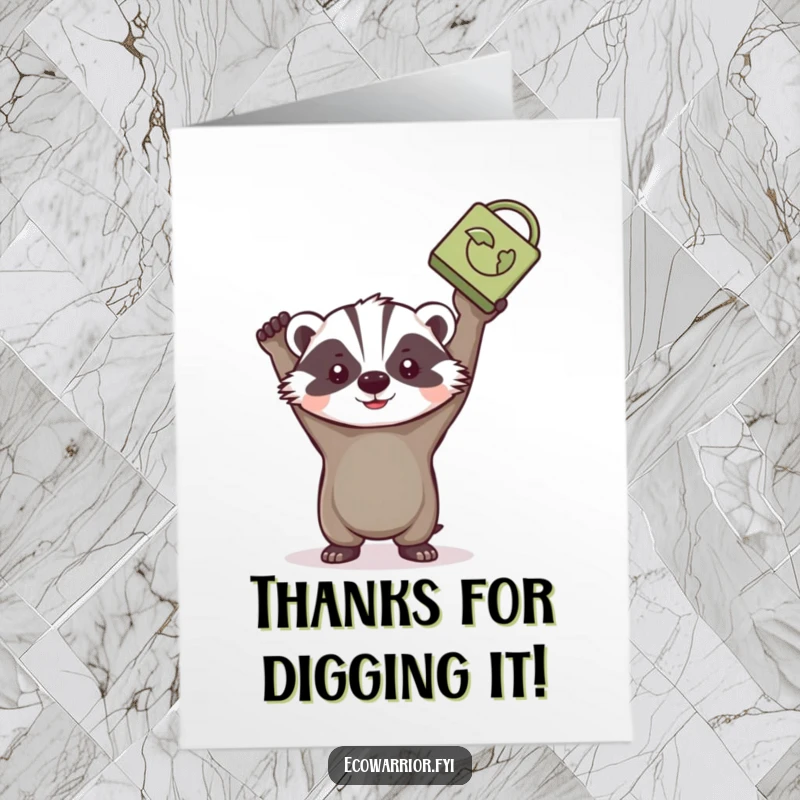 Funny Free Printable Thank You Card: A determined badger holding a recycled item, symbolizing eco-friendly gratitude.
