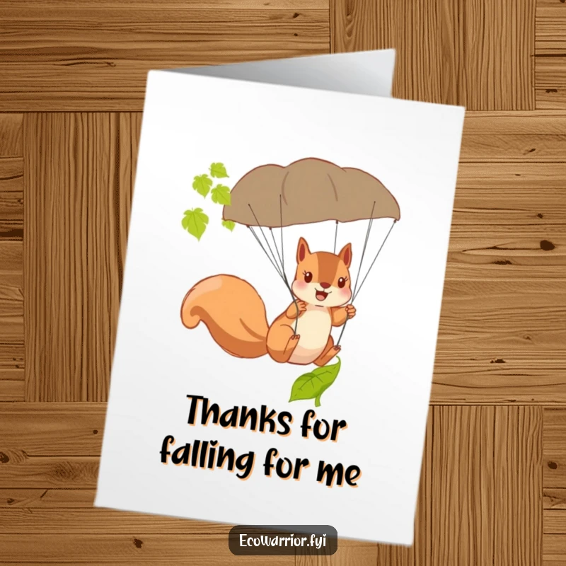 Funny Free Printable Thank You Card: Squirrel using a fallen leaf as a parachute, expressing thanks for a brave deed.