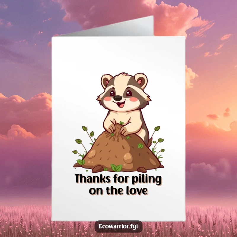 Funny Free Printable Thank You Card: Energetic Badger smiling while creating a compost pile, expressing gratitude.