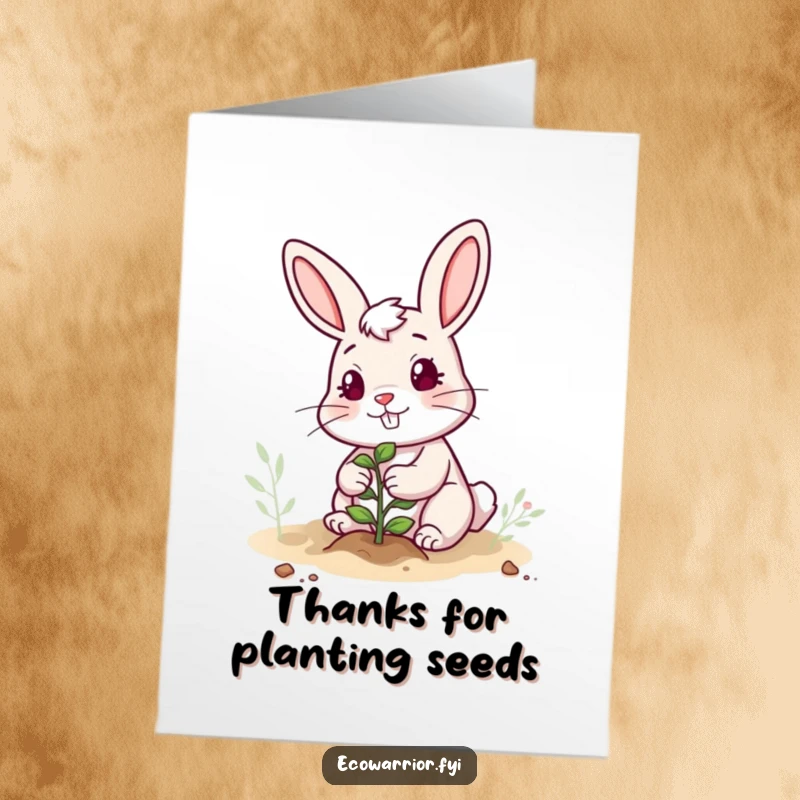 Funny Free Printable Thank You Card: Cheerful rabbit planting a sapling, a symbol of gratitude. A cute downloadable gift.