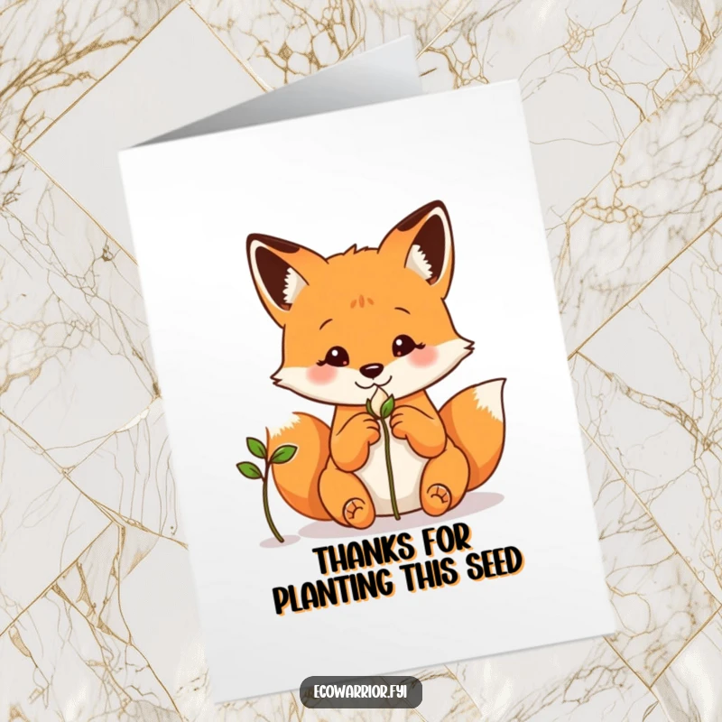 Funny Free Printable Thank You Card: A curious fox observing a sprouting seed, representing thoughtful appreciation.