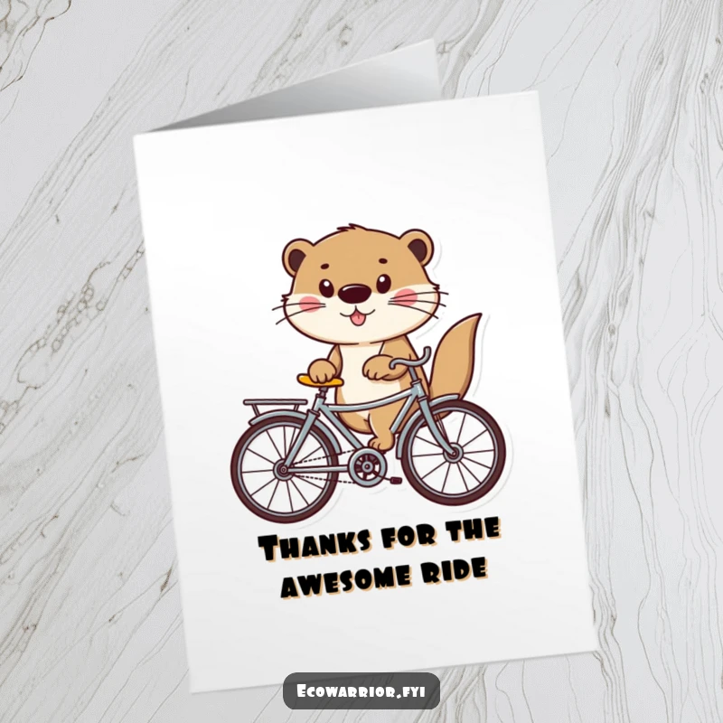 Funny Free Printable Thank You Card featuring a playful otter riding a bike made of recycled materials, conveying thanks with a smile.