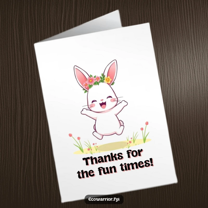 Funny Free Printable Thank You Card: A rabbit with a flower crown jumping in a field, spreading joy and thanks.