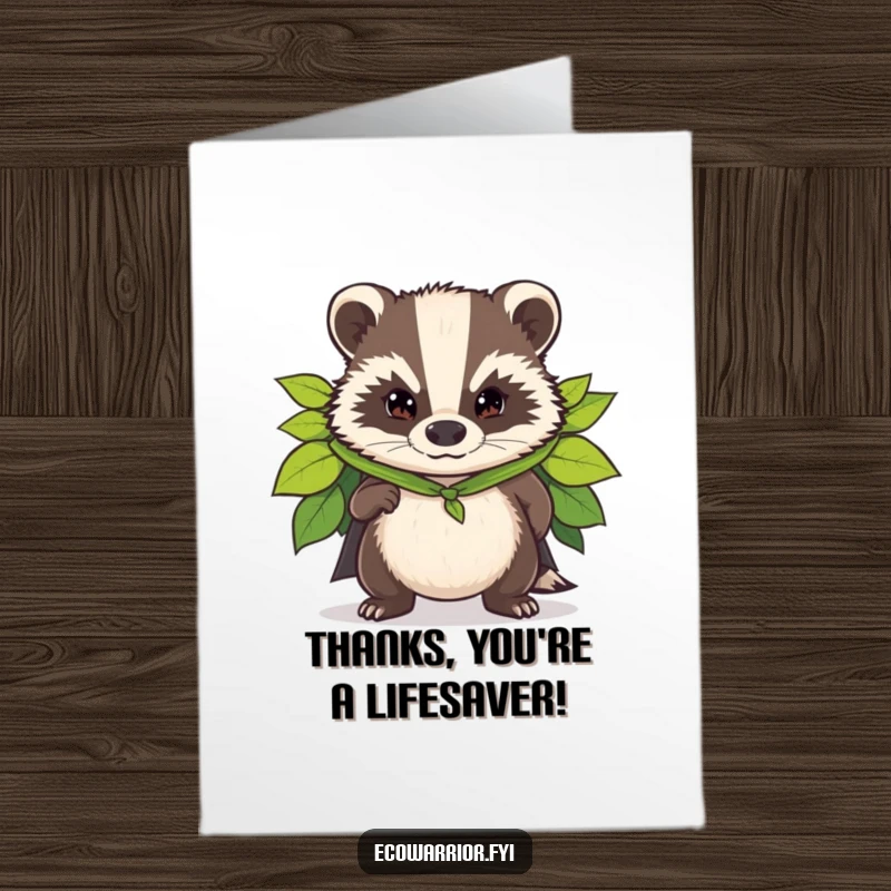 Funny Free Printable Superhero Badger Thank You Card: A determined badger in a leaf cape, expressing thanks, downloadable gift.
