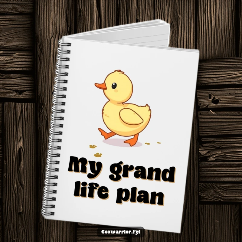 Funny Duckling Notebook, a determined baby duckling following tiny footprints, lined pages for notes with a humorous cover.