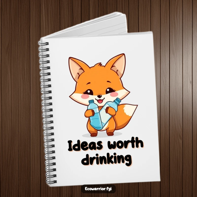 Funny notebook with a smiling fox character holding a reusable water bottle, perfect for humorous and eco-friendly note-taking.