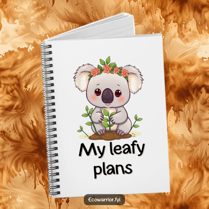 Funny koala notebook with a cute koala in a leaf crown determinedly planting a sapling, ideal for notes.