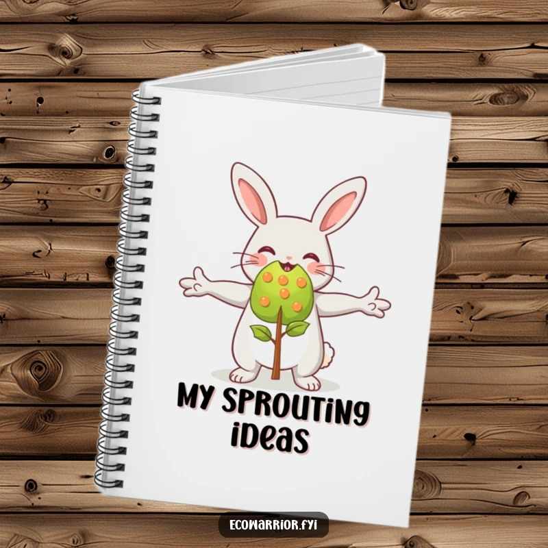 Funny rabbit character joyfully embracing a vibrant sapling, featured on a notebook cover for nature lovers and writers.