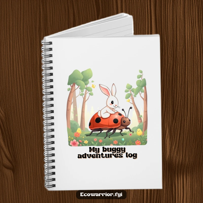 Funny Rabbit Ladybug Notebook featuring a curious rabbit riding a giant ladybug through a forest, perfect for notes.