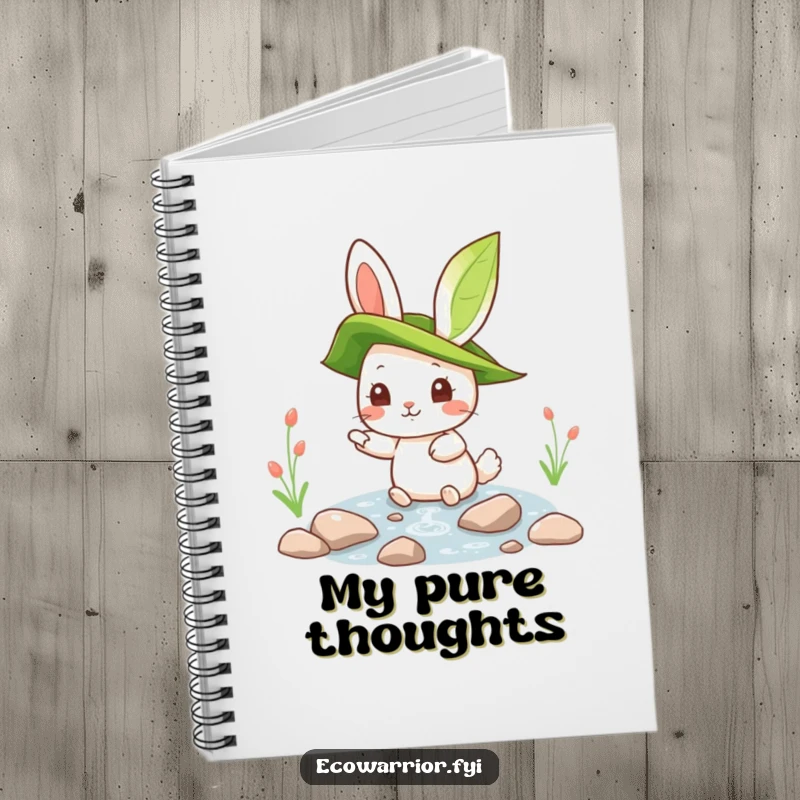 Funny rabbit with a leaf hat pointing at a clean stream on a notebook cover, perfect for nature journaling with humor.