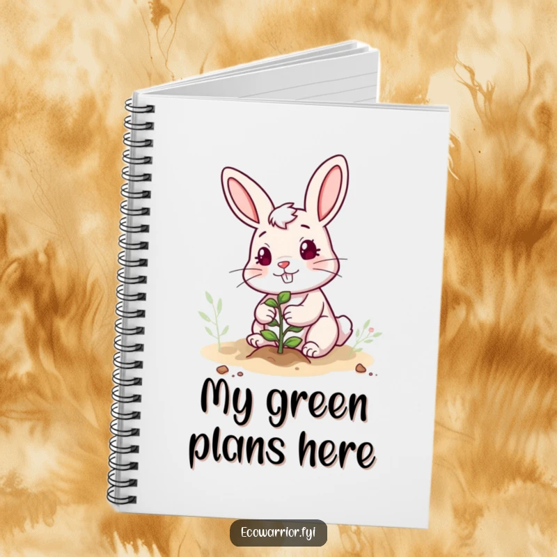 Funny notebook with a cheerful, determined rabbit character planting a sapling, perfect for jotting down ideas with a smile.