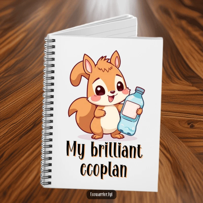 Funny squirrel diligently collecting plastic bottles on the cover of a notebook, promoting eco-friendly note-taking with humor.