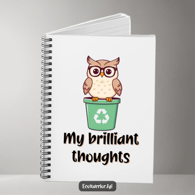 Funny notebook with a smiling owl wearing spectacles, perched on a recycling bin, ideal for jotting down wise thoughts and notes.