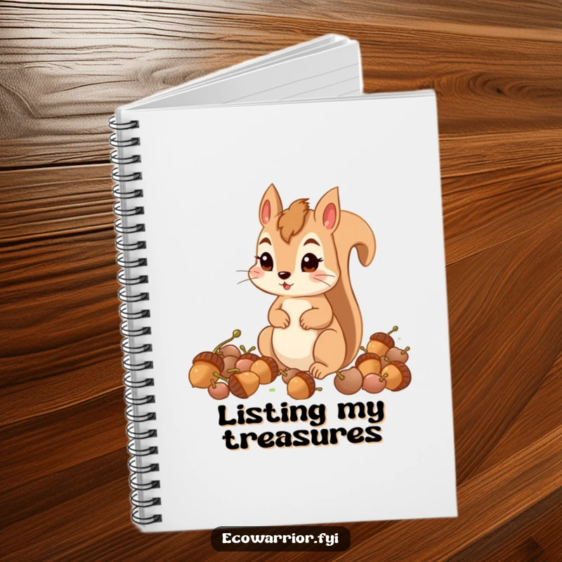 Funny determined squirrel collecting acorns with a focused expression on the cover of a notebook.