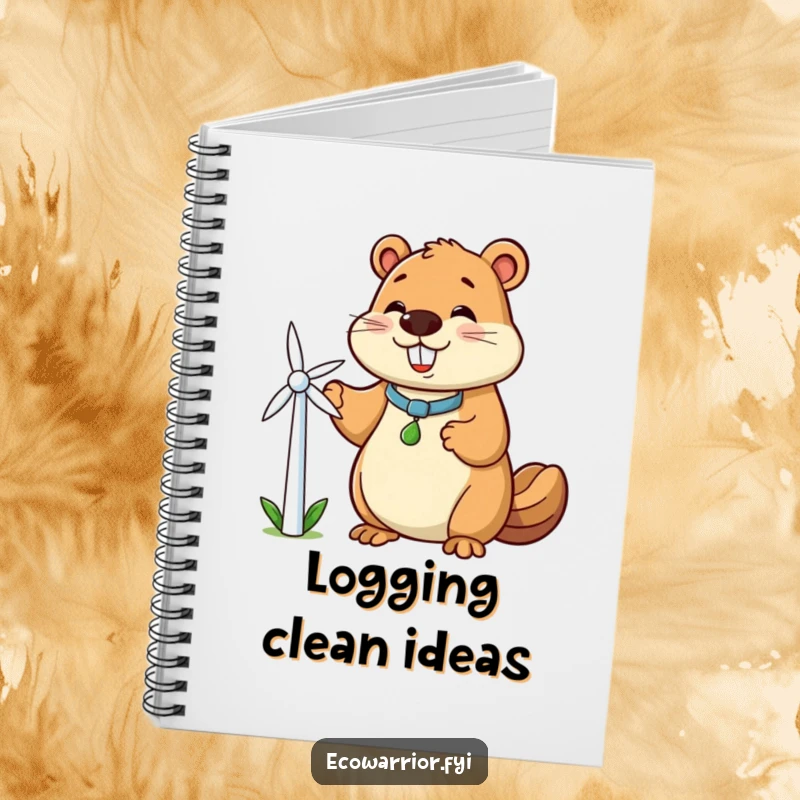 Funny beaver notebook with a smiling beaver character holding a small windmill, encouraging ideas about clean energy and optimism.