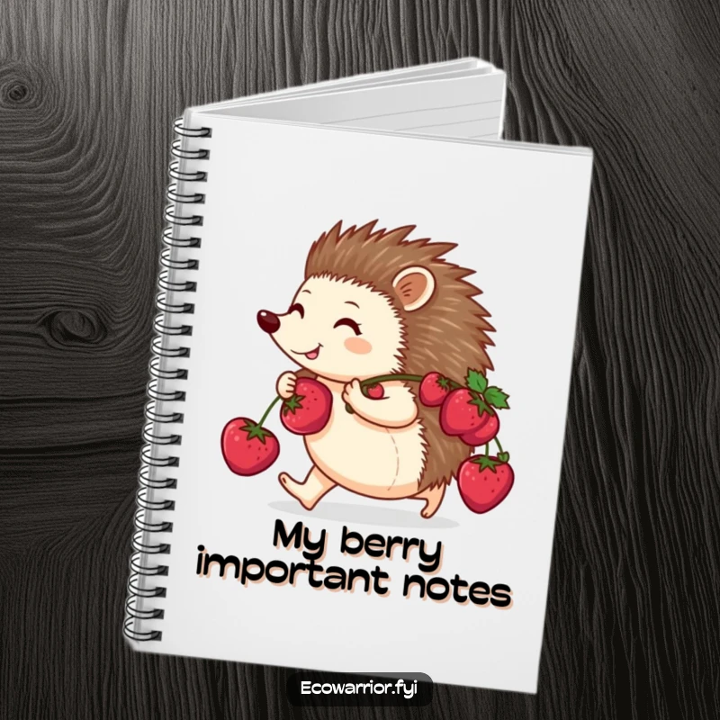 Funny notebook with a happy hedgehog purposefully walking with berries on its back, ideal for jotting down plans and inspired journeys.
