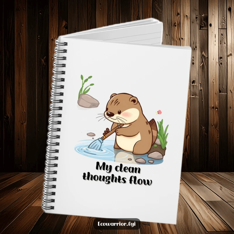 Funny notebook featuring a diligent otter with focused glee, cleaning a riverbank, perfect for jotting down neat ideas.