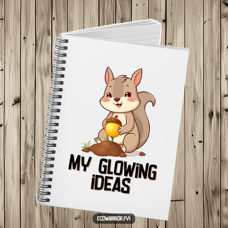 Funny squirrel planter notebook, cheerful squirrel planting a tiny glowing acorn with a smile. A bright and humorous journal. Perfect.