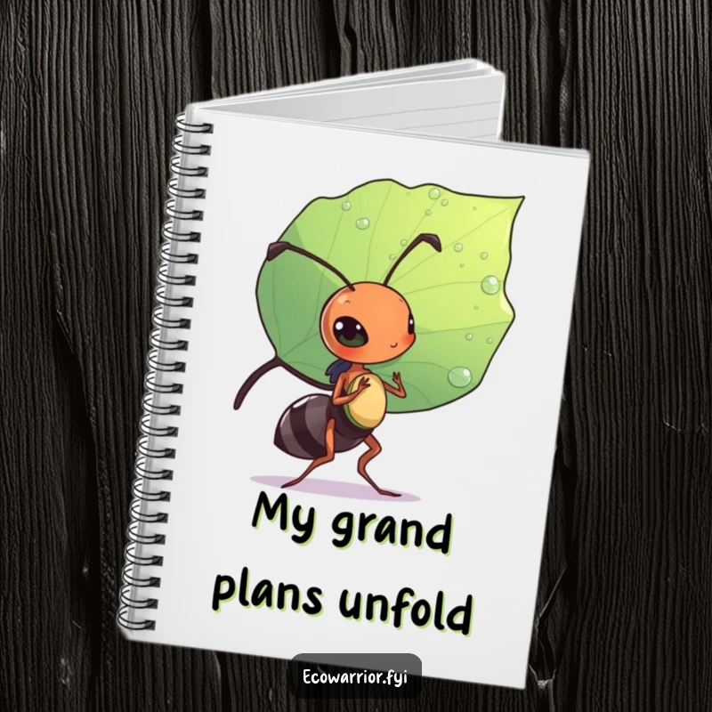 Funny notebook with a diligent ant carrying a leaf like a shield, ideal for planning and jotting notes.