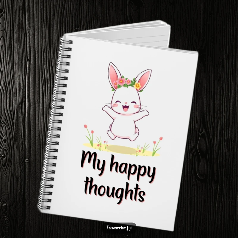 Funny rabbit notebook, wearing a flower crown, jumping with joy, perfect for journaling happy thoughts.