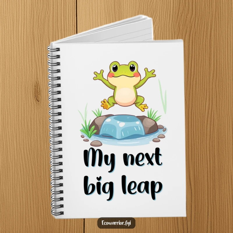 Funny Frog Notebook cover showing a happy frog jumping over a clear, clean stream, ready for creative thoughts.