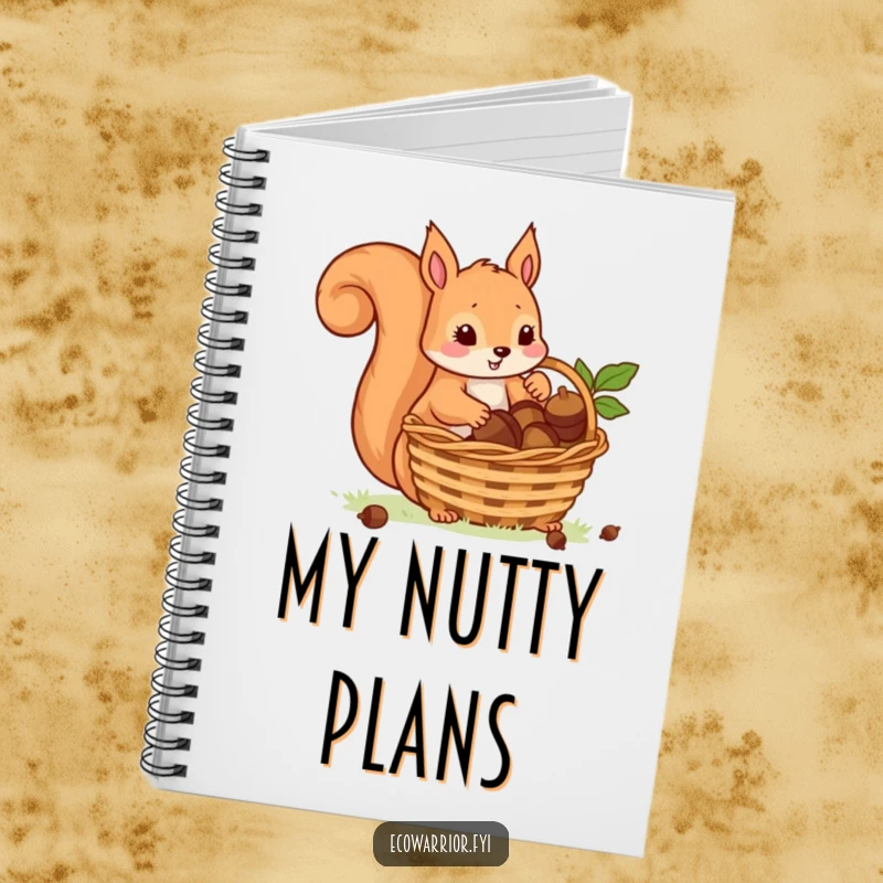 Funny notebook with a playful squirrel collecting acorns into a basket, ideal for jotting down plans and organized thoughts.