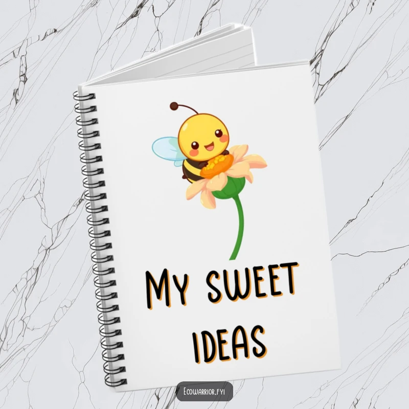 Funny notebook with a happy bee character pollinating a vibrant wildflower, perfect for humorous and vibrant note-taking.