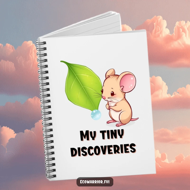 Funny notebook with a curious mouse examining a dewdrop on a leaf, ideal for jotting down observations and inspired thoughts.