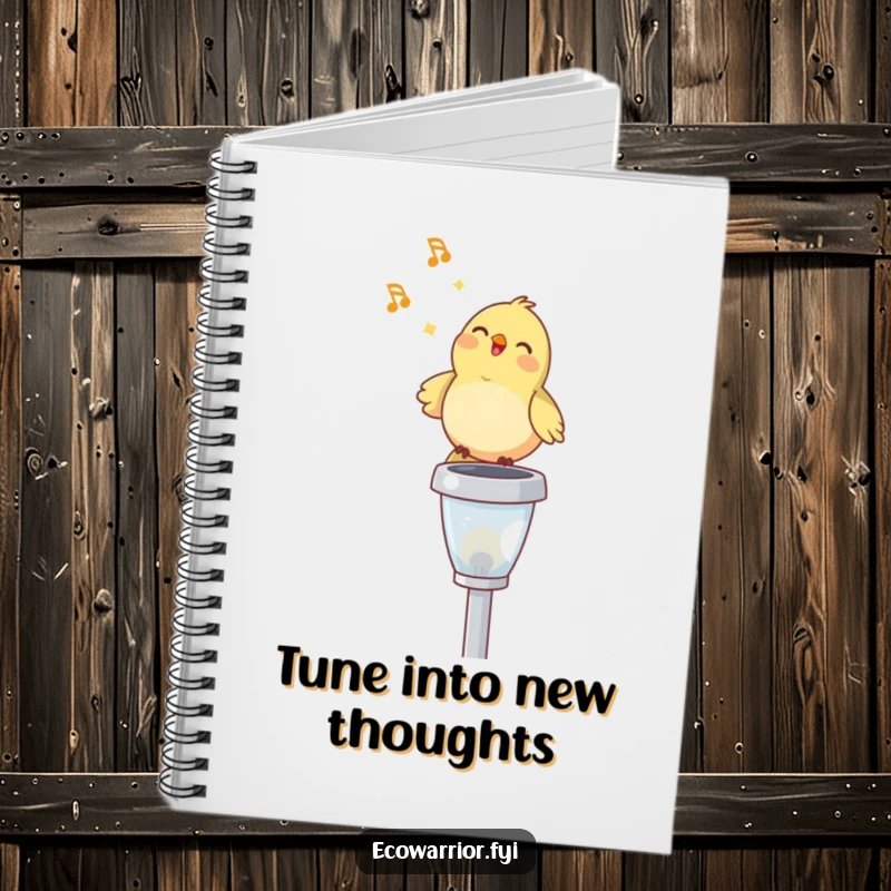 Funny notebook featuring a happy bird singing on a solar garden light, ideal for jotting down ideas with a splash of happy, humorous energy.