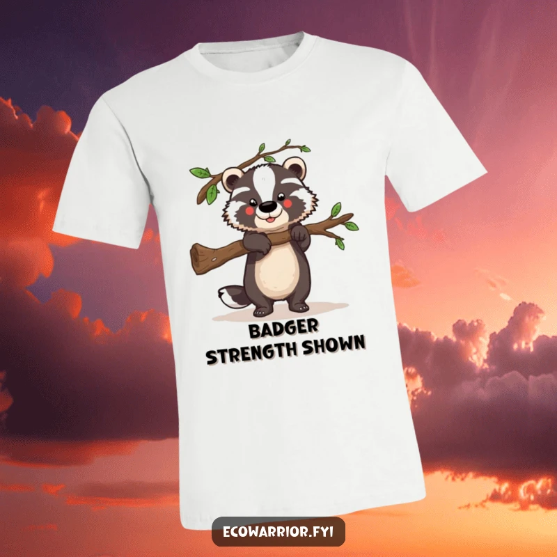 Funny t-shirt depicting a strong badger lifting a fallen branch, highlighting helpfulness and powerful, humorous strength.