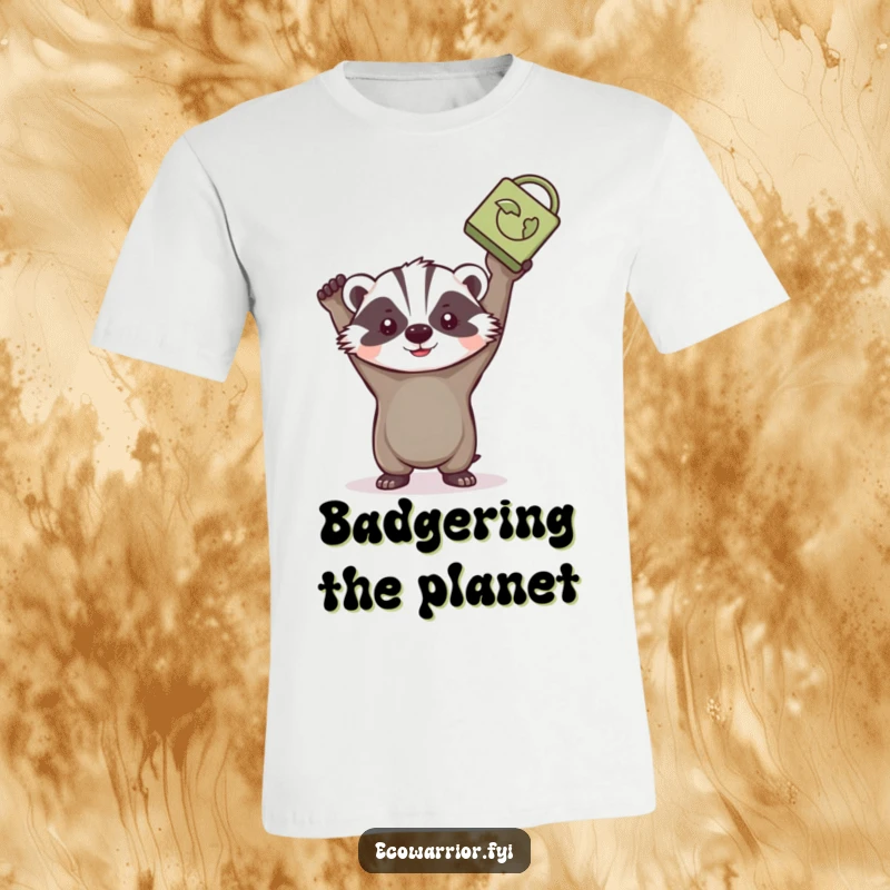 Funny badger t-shirt, a determined character proudly lifting a recycled item, symbolizing environmental victory.