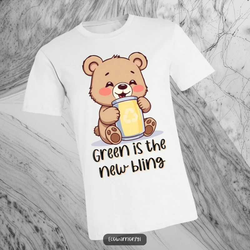 Funny bear cub t-shirt, featuring a delighted cub meticulously polishing a shiny, clean recycled can with great enthusiasm.