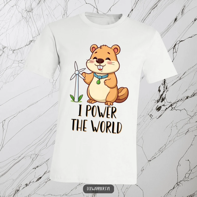 Funny beaver t-shirt showcasing a happy beaver character holding a small windmill, a cheerful symbol of renewable clean energy.