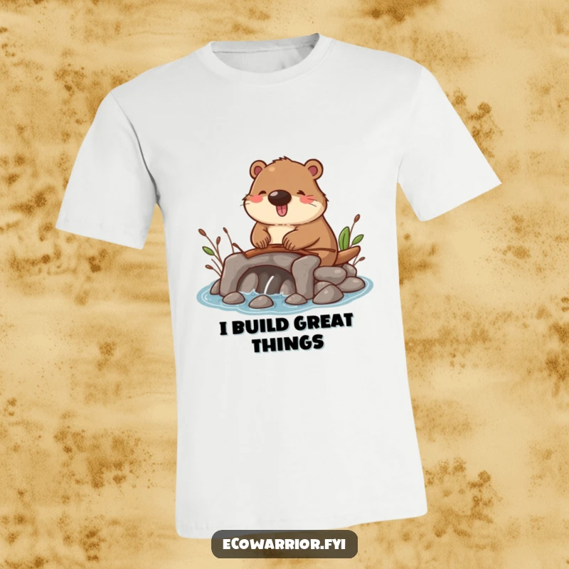 Funny t-shirt showcasing a happy beaver constructing a miniature dam with twigs, radiating joy and a spirit for building.