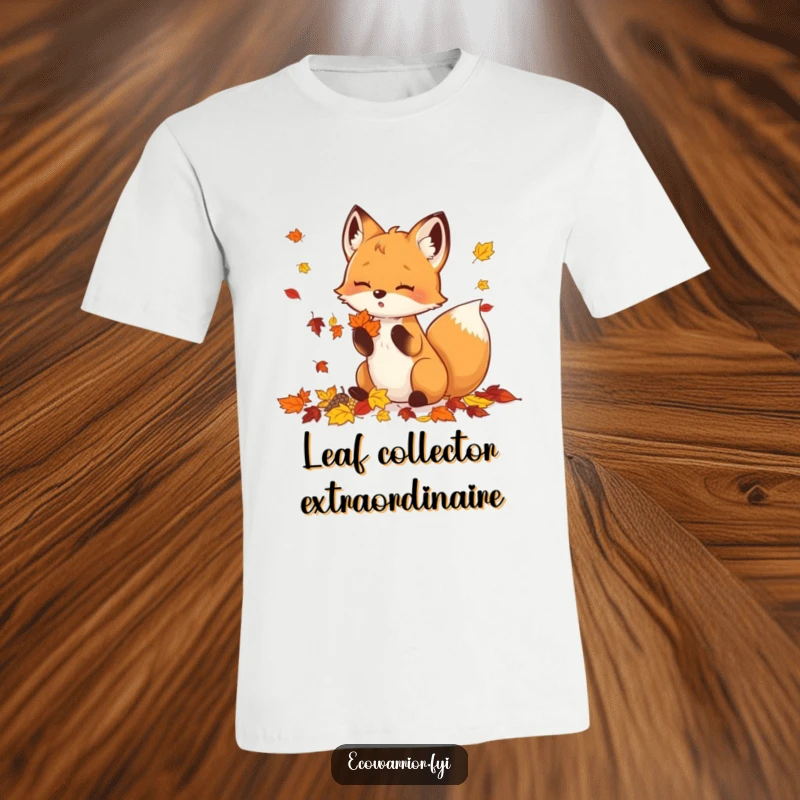 Funny T-Shirt with a small, enthusiastic fox collecting a pile of colorful autumn leaves, looking joyful.