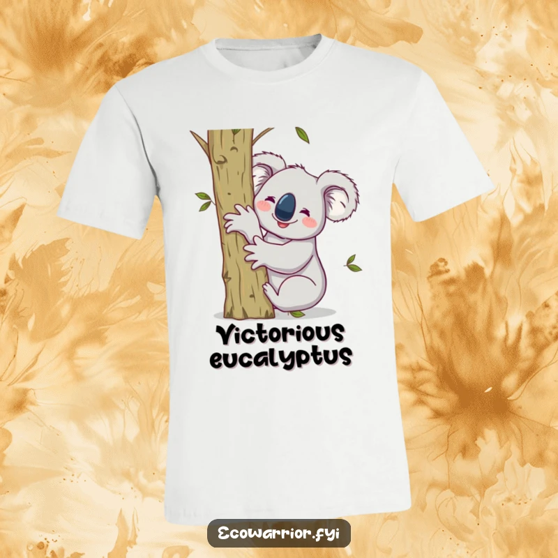 Funny t-shirt featuring a smiling koala hugging a sapling, raising one arm victoriously in a gesture of eco-triumph.