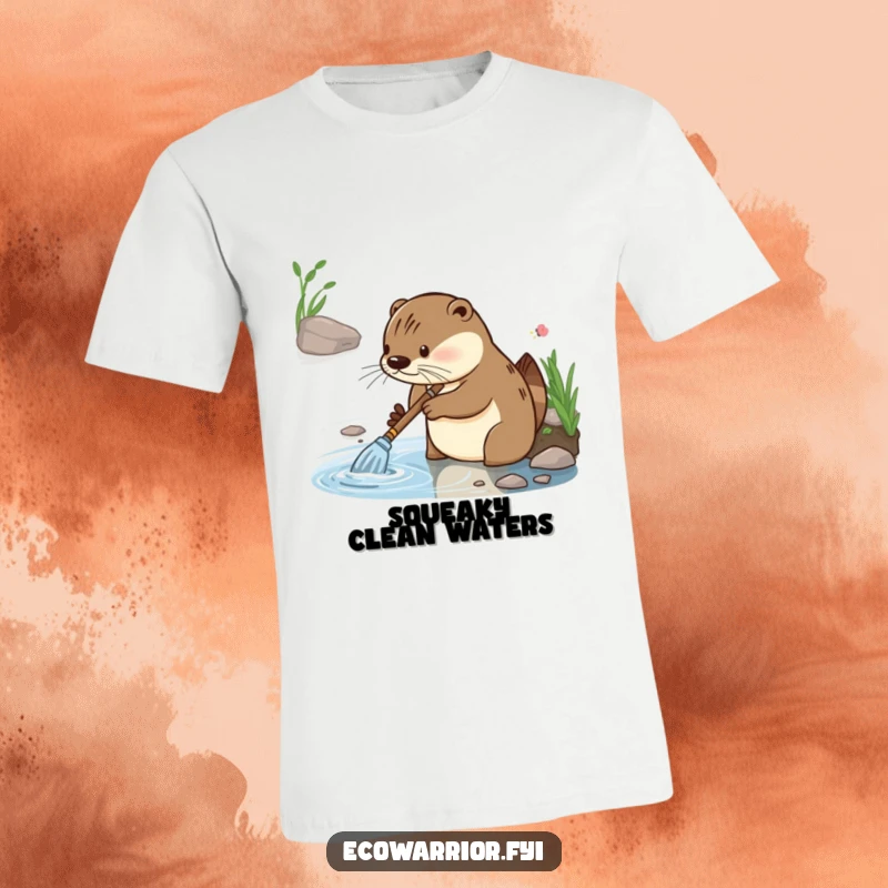 Funny t-shirt showcasing a diligent otter with focused glee, actively cleaning a riverbank, promoting environmental tidiness.