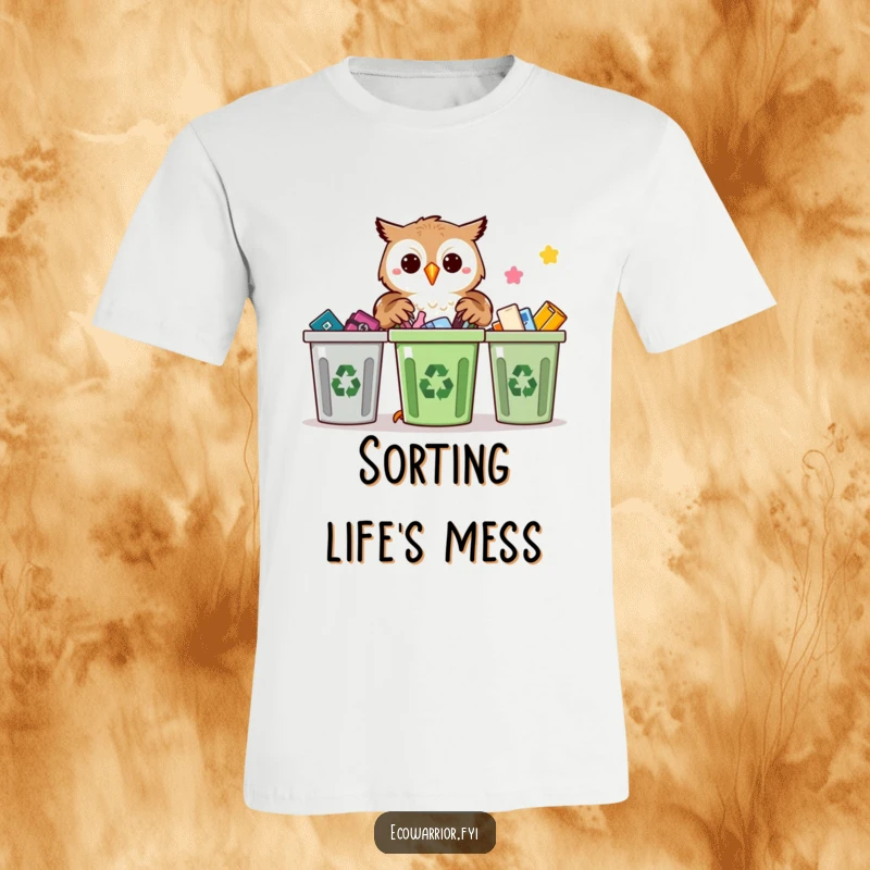 Funny Proud Owl Recycling T-Shirt: A proud owl precisely sorting recycled items, a humorous tee for environmentalists.