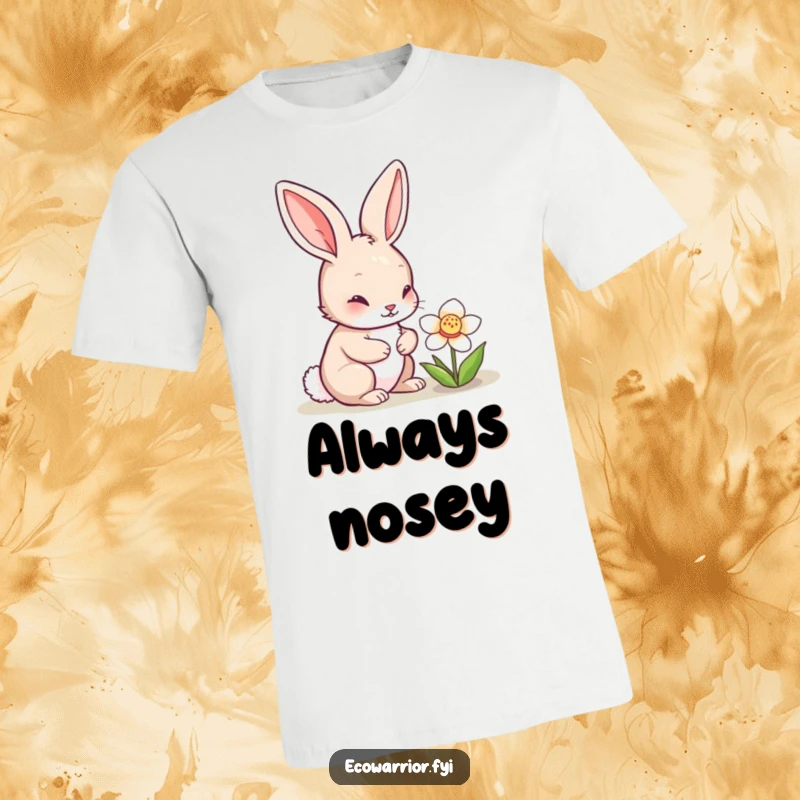 Funny rabbit character inspecting a vibrant blooming flower, showcasing curiosity and love for nature, perfect for funny t-shirt fans.