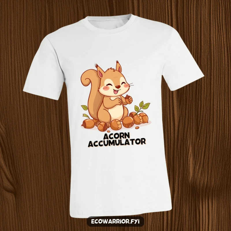 Funny T-Shirt depicting a cheerful squirrel swiftly gathering acorns with impressive speed and concentration.