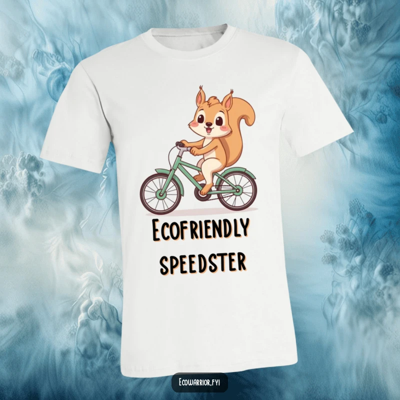 Funny Squirrel T-Shirt: A playful squirrel smiling on a bike made from recycled materials, promoting eco-friendly fun, a funny gift.