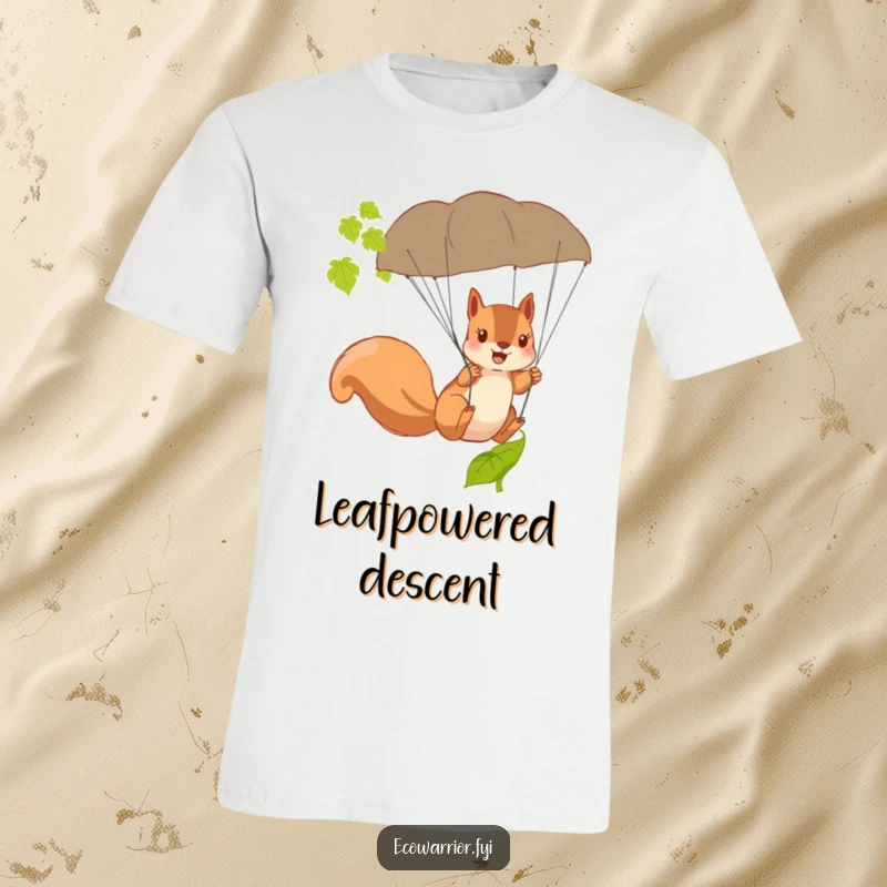 Funny Squirrel T-Shirt depicting a brave squirrel using a fallen leaf as a parachute during a daring descent.