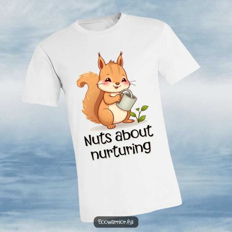 Funny squirrel t-shirt, a cheerful character happily watering a tiny sprout with a small watering can in a garden.