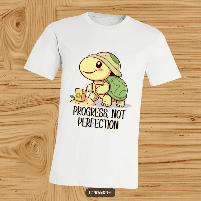 Funny t-shirt with a smiling turtle pushing a recycled item uphill, representing sustainable effort and gentle humor, great for eco-conscious people.