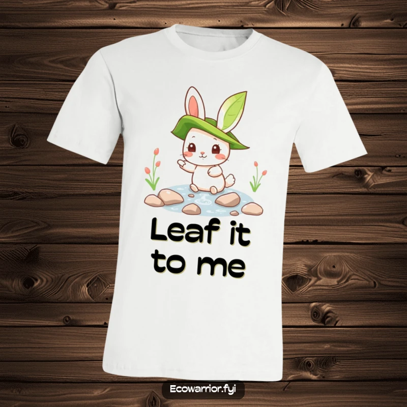 Funny rabbit in a leaf hat pointing towards a clear stream on a t-shirt, symbolizing nature appreciation and gentle humor.