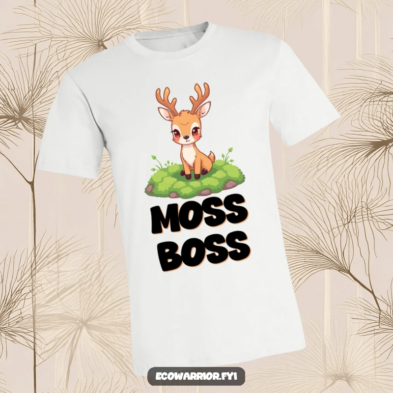 Funny Deer T-Shirt featuring a serene deer standing guard over a rich, green mossy area, embodying quiet strength.