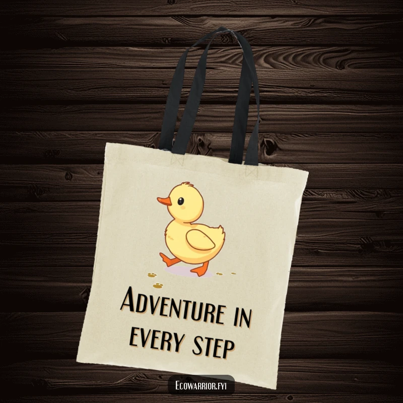 Funny Duckling Tote Bag, a determined baby duckling walking on tiny footprints, cute and humorous accessory for daily use.